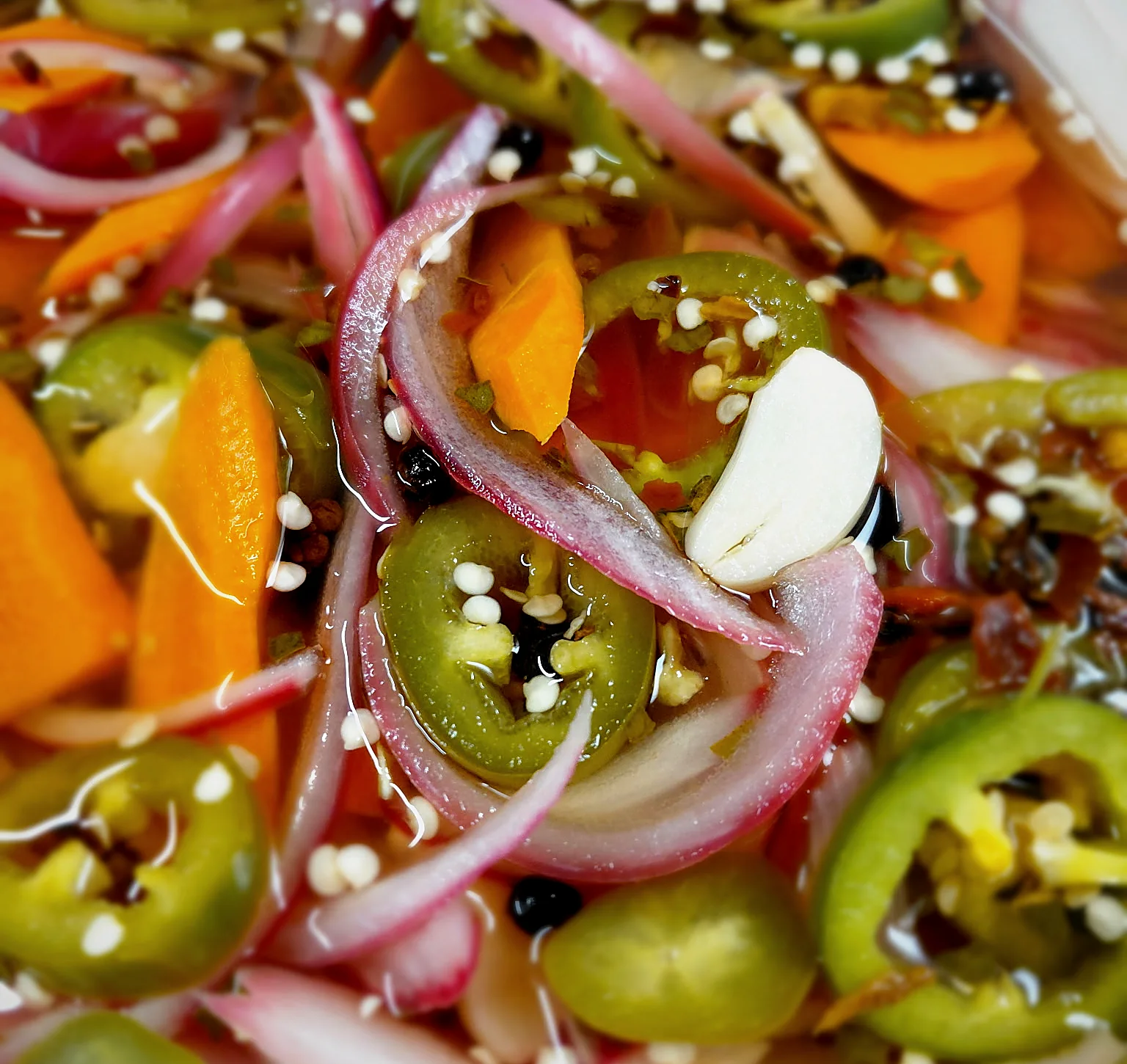 A white bowl of pickled red onion, jalapeno, carrot and garlic in brine